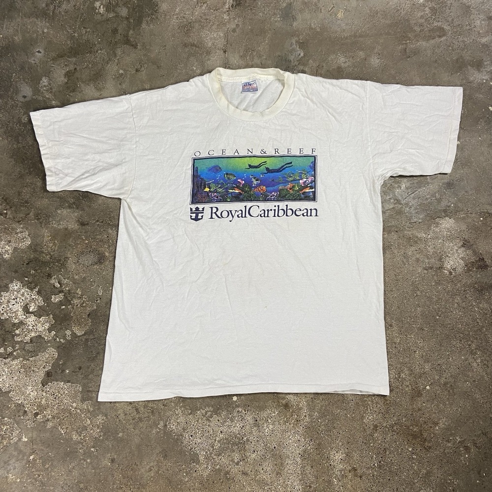 Vintage 90s Royal Caribbean T-Shirt Size XXL White Short Sleeve Tropical Cruise